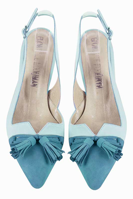 Chaussure femme à brides :  couleur bleu turquoise. Bout effilé. Talon mi-haut fin. Vue du dessus - Florence KOOIJMAN