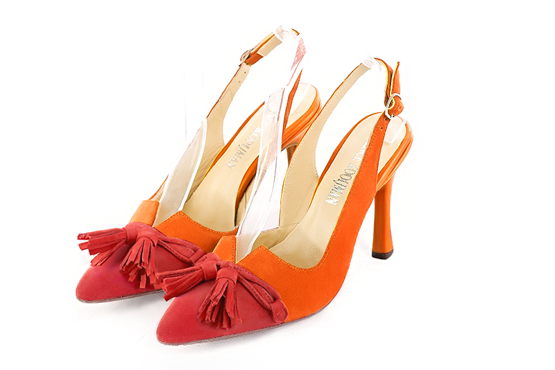 Chaussure femme arrière ouvert : Escarpin bride arrière avec un noeud sur l'avant couleur rouge coquelicot et orange clémentine. Talon très haut. Talon fin. Bout effilé - Florence KOOIJMAN