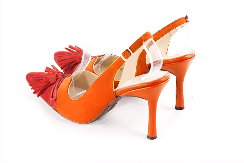 Chaussure femme à brides :  couleur rouge coquelicot et orange clémentine. Bout effilé. Talon très haut fin. Vue arrière - Florence KOOIJMAN
