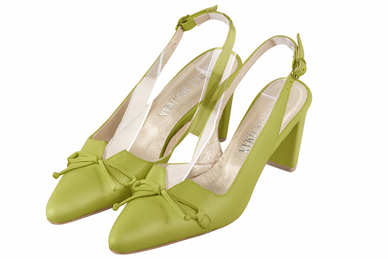 Chaussure femme à brides :  couleur vert pistache. Bout effilé. Talon mi-haut virgule Vue avant - Florence KOOIJMAN