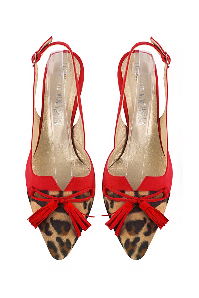 Chaussure femme à brides :  couleur noir safari et rouge coquelicot. Bout effilé. Talon haut fin. Vue du dessus - Florence KOOIJMAN