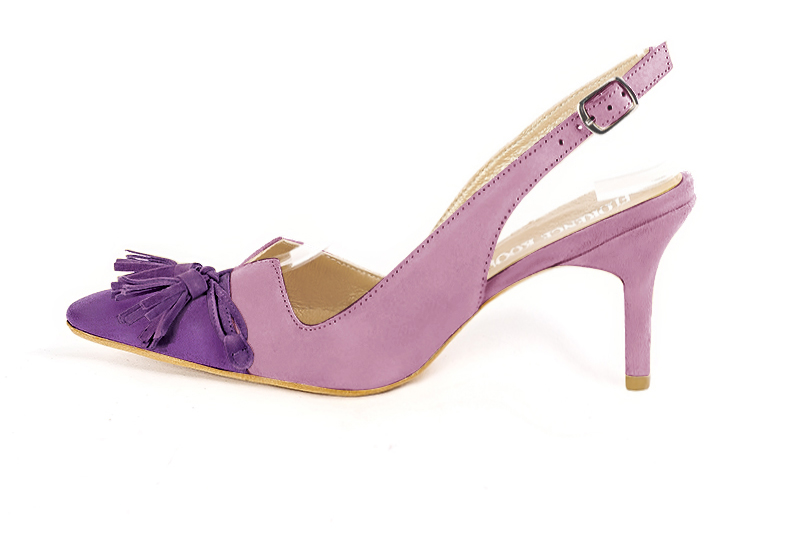 Chaussure femme à brides :  couleur violet améthyste. Bout effilé. Talon haut fin. Vue de profil - Florence KOOIJMAN