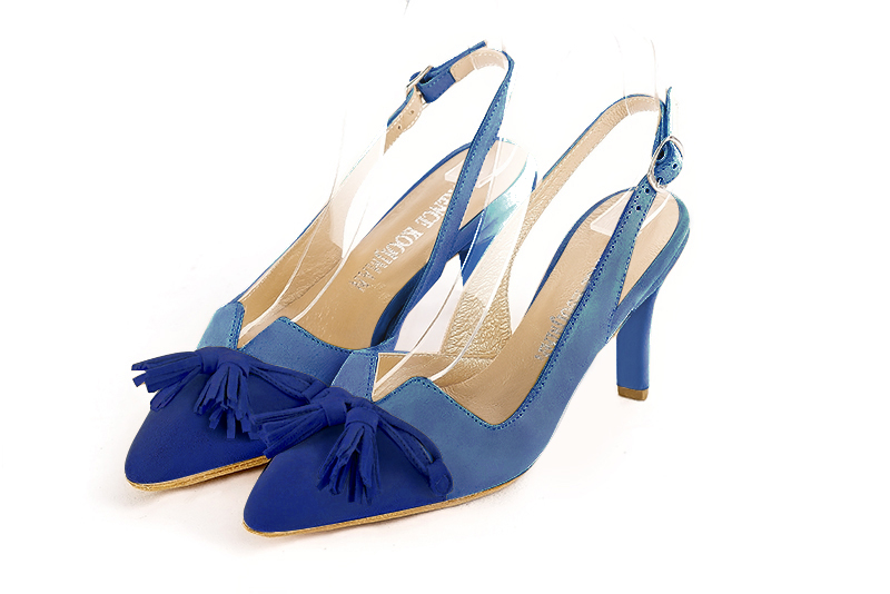 Chaussure femme à brides :  couleur bleu électrique. Bout effilé. Talon haut fin Vue avant - Florence KOOIJMAN