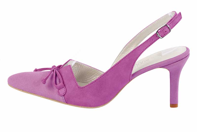 Chaussure femme à brides :  couleur violet mauve et rose pivoine. Bout effilé. Talon haut fin. Vue de profil - Florence KOOIJMAN