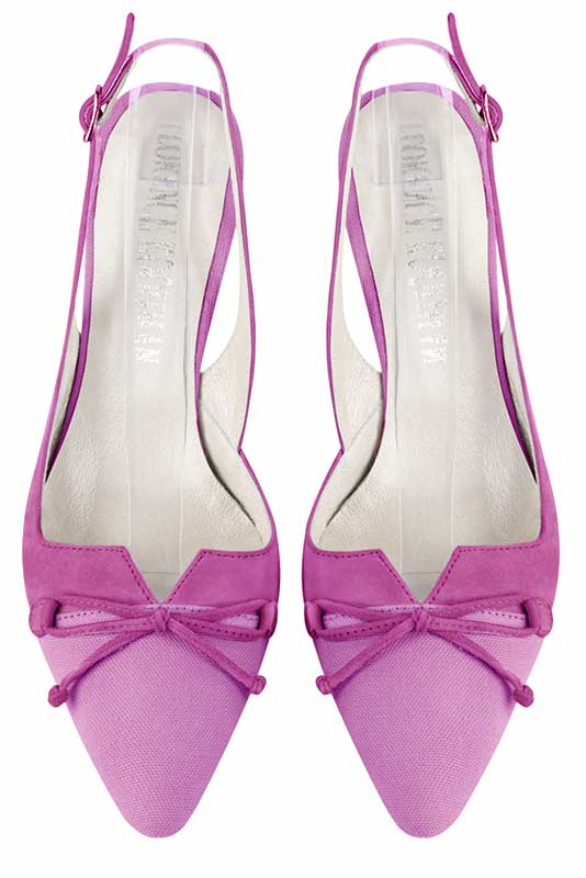 Chaussure femme à brides :  couleur violet mauve et rose pivoine. Bout effilé. Talon haut fin. Vue du dessus - Florence KOOIJMAN