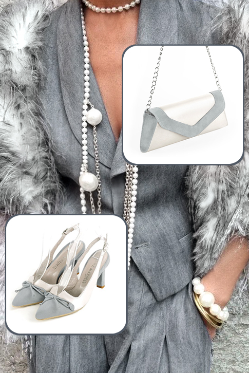 Escarpins bride arrière avec un noeud gris perle et blanc pur. Bout effilé. Talon fin de 7.5 cm - Vue du dessus