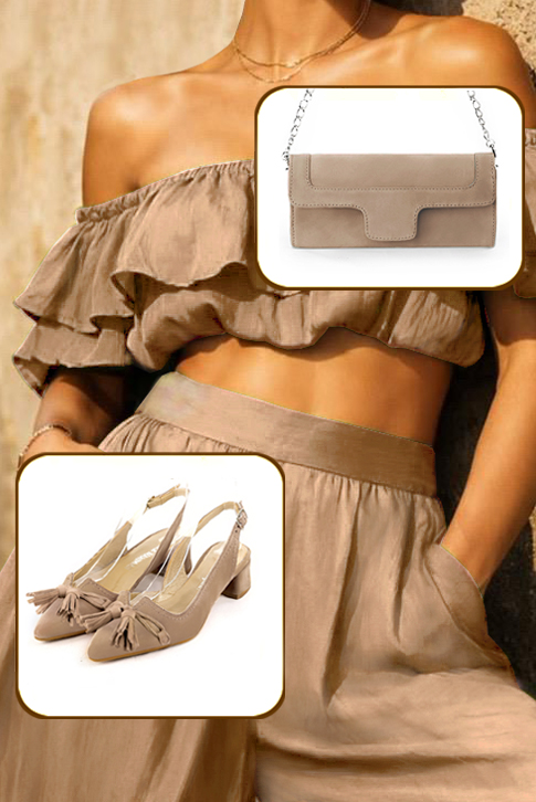 Escarpins bride arrière avec un noeud beige sahara. Bout effilé. Talon évasé de 3.5 cm - Vue du dessus