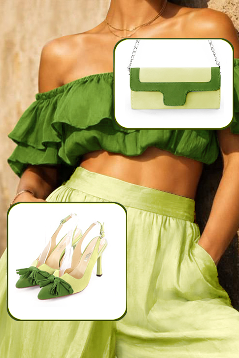 Escarpins bride arrière avec un noeud vert anis et vert pistache. Bout effilé. Talon bobine de 9.5 cm - Vue porté