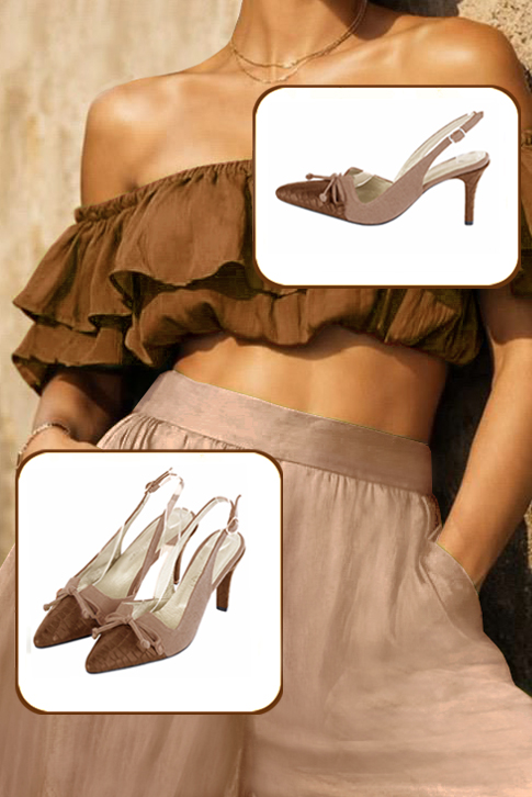 Escarpins bride arrière avec un noeud marron caramel et beige biscuit. Bout effilé. Talon fin de 7.5 cm - Vue porté
