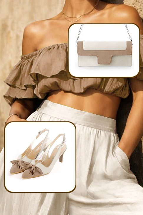 Escarpins bride arrière avec un noeud beige sahara et blanc cassé. Bout effilé. Talon fin de 5.5 cm - Vue du dessus