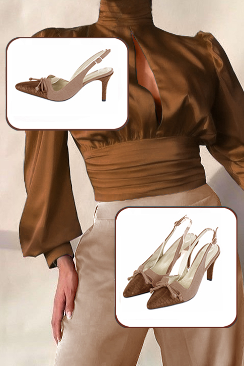 Escarpins bride arrière avec un noeud marron caramel et beige biscuit. Bout effilé. Talon fin de 7.5 cm - Vue du dessus