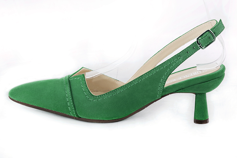 Chaussure femme à brides :  couleur vert émeraude. Bout effilé. Talon mi-haut bobine. Vue de profil - Florence KOOIJMAN