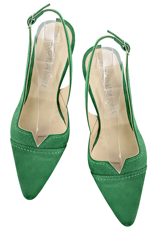Chaussure femme à brides :  couleur vert émeraude. Bout effilé. Talon mi-haut bobine. Vue du dessus - Florence KOOIJMAN