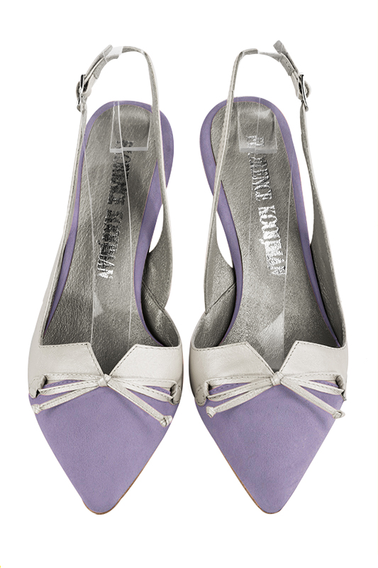 Chaussure femme à brides :  couleur violet parme et blanc pur. Bout effilé. Talon haut fin. Vue du dessus - Florence KOOIJMAN