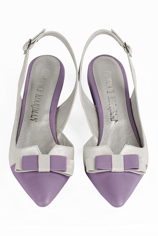 Chaussure femme à brides :  couleur violet parme et blanc cassé. Bout effilé. Petit talon virgule. Vue du dessus - Florence KOOIJMAN