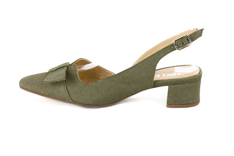 Chaussure femme à brides :  couleur vert kaki. Bout effilé. Petit talon évasé. Vue de profil - Florence KOOIJMAN