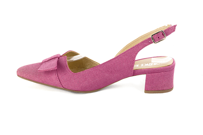 Chaussure femme à brides :  couleur rose pétunia. Bout effilé. Petit talon évasé. Vue de profil - Florence KOOIJMAN