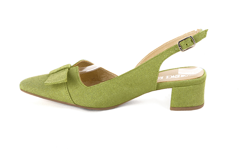 Chaussure femme à brides :  couleur vert anis. Bout effilé. Petit talon évasé. Vue de profil - Florence KOOIJMAN