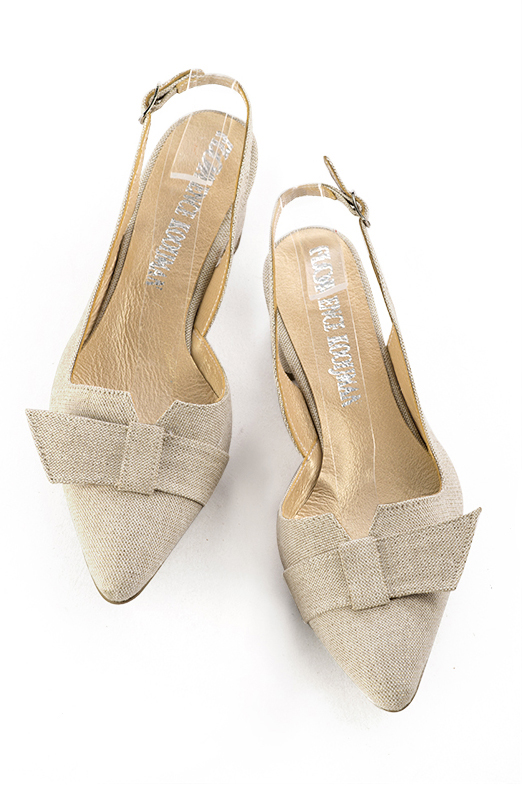 Chaussure femme à brides :  couleur or doré. Bout effilé. Petit talon évasé. Vue du dessus - Florence KOOIJMAN