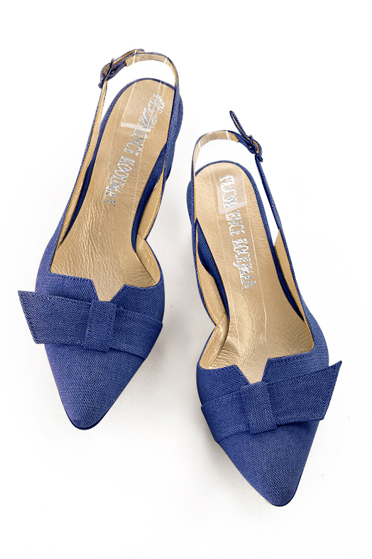 Chaussure femme à brides :  couleur bleu électrique. Bout effilé. Petit talon évasé. Vue du dessus - Florence KOOIJMAN