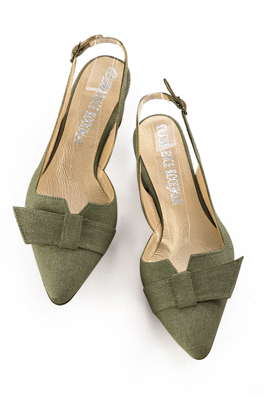 Chaussure femme à brides :  couleur vert kaki. Bout effilé. Petit talon évasé. Vue du dessus - Florence KOOIJMAN