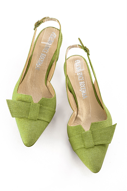 Chaussure femme à brides :  couleur vert anis. Bout effilé. Petit talon évasé. Vue du dessus - Florence KOOIJMAN