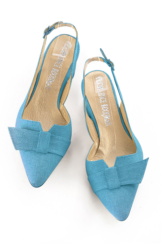 Chaussure femme à brides :  couleur bleu turquoise. Bout effilé. Petit talon évasé. Vue du dessus - Florence KOOIJMAN