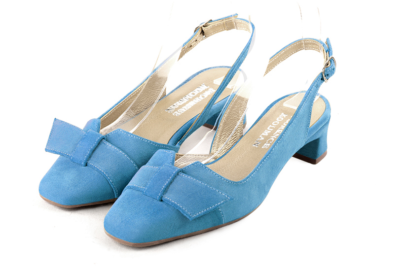 Chaussure femme à brides :  couleur bleu turquoise. Bout carré. Petit talon trotteur Vue avant - Florence KOOIJMAN