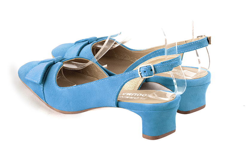 Chaussure femme à brides :  couleur bleu turquoise. Bout carré. Petit talon trotteur. Vue arrière - Florence KOOIJMAN