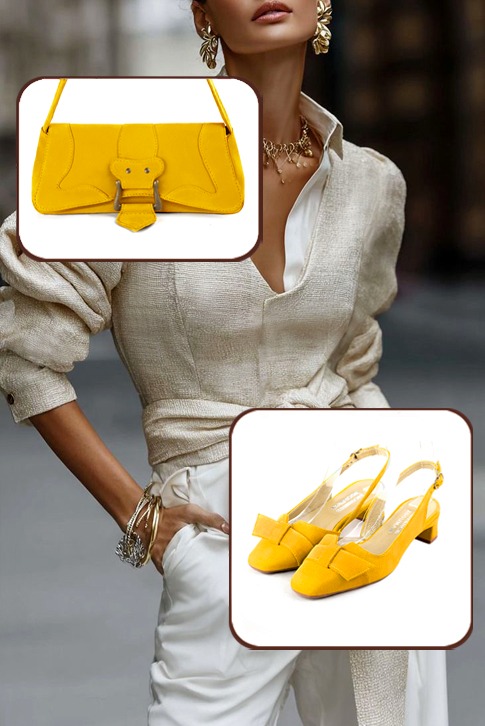Escarpins bride arrière avec un noeud jaune. Bout carré. Talon trotteur de 3.5 cm - Vue porté