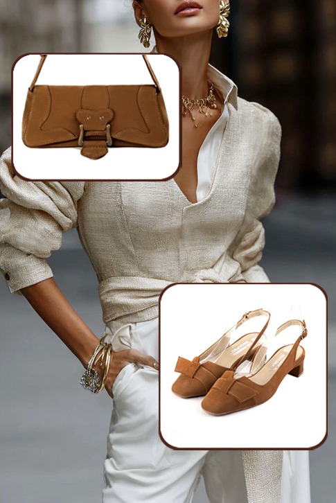 Escarpins bride arrière avec un noeud marron caramel. Bout carré. Talon trotteur de 3.5 cm - Vue porté