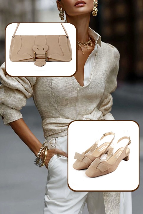 Escarpins bride arrière avec un noeud beige sahara. Bout carré. Talon trotteur de 3.5 cm - Vue porté
