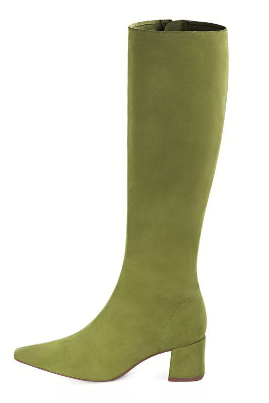 Botte femme : Bottes femme féminines sur mesures couleur vert pistache. Bout effilé. Talon mi-haut bottier. Vue de profil - Florence KOOIJMAN
