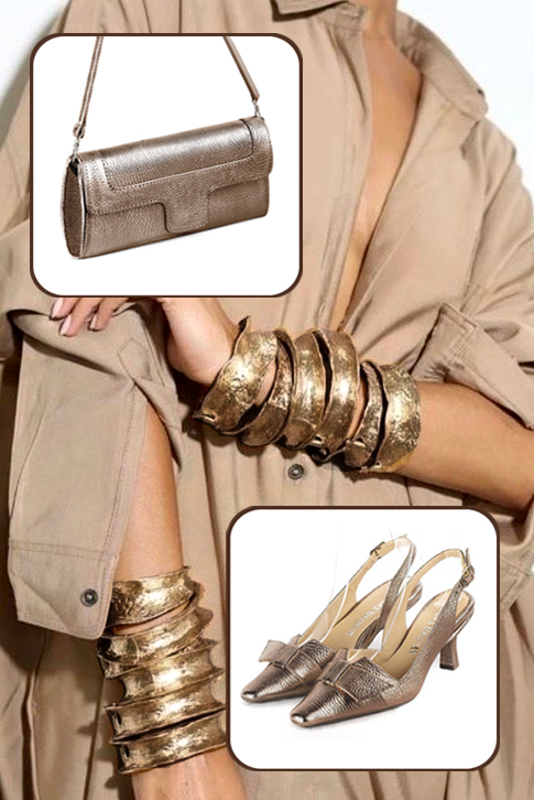 Escarpins bride arrière avec un noeud vieil or. Bout effilé. Talon bobine de 5.5 cm - Vue porté