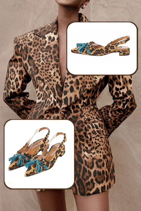 Escarpins bride arrière avec un noeud léopard et bleu canard. Bout pointu. Talon évasé plat - Vue du dessus