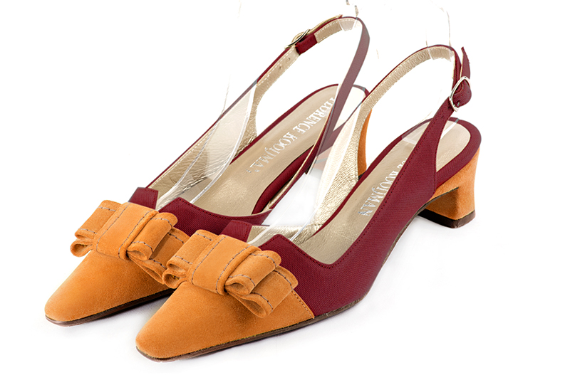 Chaussure femme à brides :  couleur orange abricot et rouge bordeaux. Bout effilé. Petit talon trotteur Vue avant - Florence KOOIJMAN