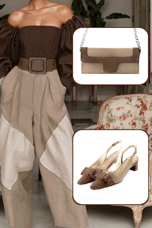 Escarpins bride arrière avec un noeud marron chocolat et beige sahara. Bout effilé. Talon trotteur de 4.5 cm - Vue du dessus