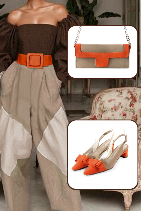 Escarpins bride arrière avec un noeud orange clémentine et beige sahara. Bout effilé. Talon trotteur de 4.5 cm - Vue du dessus