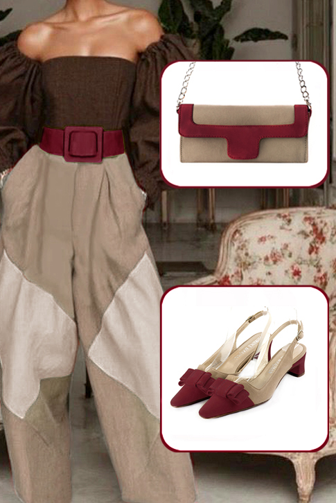 Escarpins bride arrière avec un noeud rouge bordeaux et beige sahara. Bout effilé. Talon trotteur de 4.5 cm - Vue du dessus