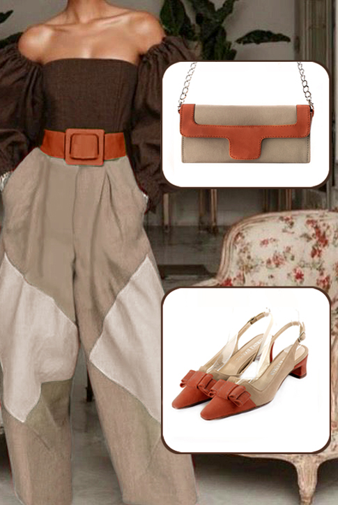 Escarpins bride arrière avec un noeud orange corail et beige sahara. Bout effilé. Talon trotteur de 4.5 cm - Vue du dessus