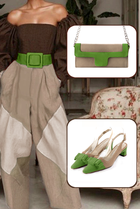 Escarpins bride arrière avec un noeud vert anis et beige sahara. Bout effilé. Talon trotteur de 4.5 cm - Vue du dessus