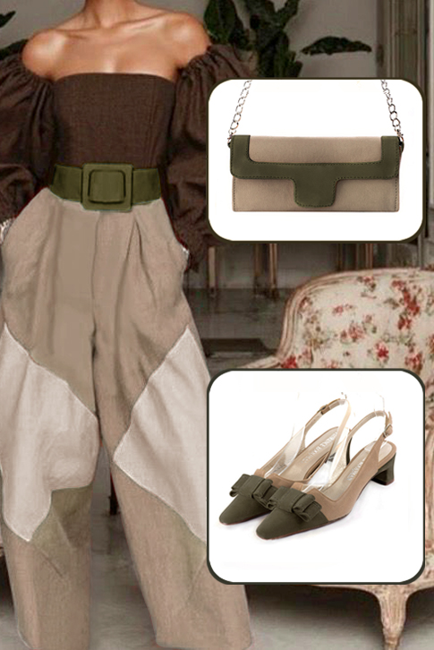 Escarpins bride arrière avec un noeud vert kaki et beige sahara. Bout effilé. Talon trotteur de 4.5 cm - Vue du dessus