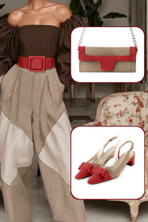 Escarpins bride arrière avec un noeud rouge coquelicot et beige sahara. Bout effilé. Talon trotteur de 4.5 cm - Vue du dessus