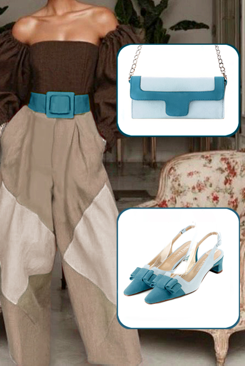 Escarpins bride arrière avec un noeud bleu canard et bleu ciel. Bout effilé. Talon trotteur de 4.5 cm - Vue du dessus