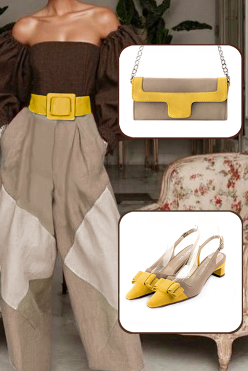 Escarpins bride arrière avec un noeud jaune et beige sahara. Bout effilé. Talon trotteur de 4.5 cm - Vue du dessus
