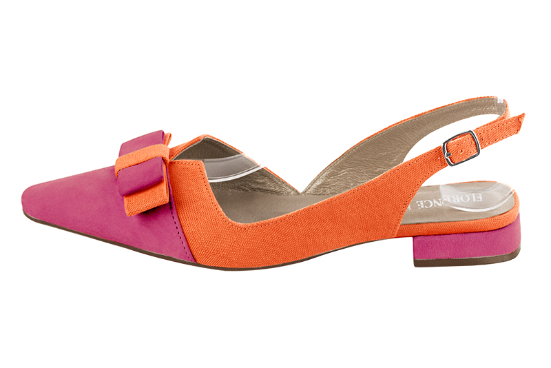 Chaussure femme à brides :  couleur rose fuchsia et orange clémentine. Bout effilé. Talon plat bottier. Vue de profil - Florence KOOIJMAN