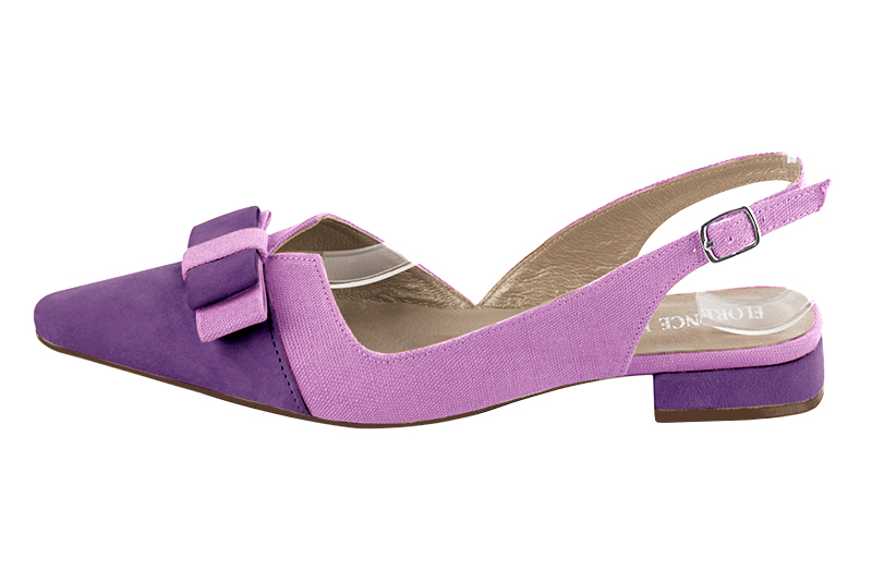 Chaussure femme à brides :  couleur violet améthyste. Bout effilé. Talon plat bottier. Vue de profil - Florence KOOIJMAN