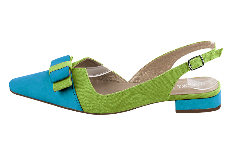 Chaussure femme à brides :  couleur bleu turquoise et vert anis. Bout effilé. Talon plat bottier. Vue de profil - Florence KOOIJMAN