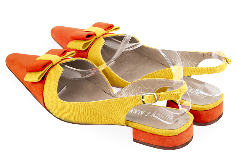 Chaussure femme à brides :  couleur orange clémentine et jaune soleil. Bout effilé. Talon plat bottier. Vue arrière - Florence KOOIJMAN