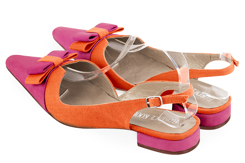 Chaussure femme à brides :  couleur rose fuchsia et orange clémentine. Bout effilé. Talon plat bottier. Vue arrière - Florence KOOIJMAN